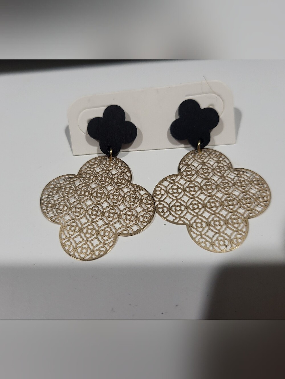 Black and Gold Filigree Flower Drop Earrings